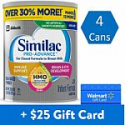 Deals List: 4-Ct 30.8-oz Similac Similac Pro-Advance Non-GMO Infant Formula with Iron Powder + $25 Walmart Gift Card 