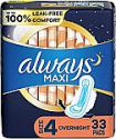 Deals List:  Always Maxi Pads Size 4 Overnight Absorbency Unscented with Wings, 33 Count
